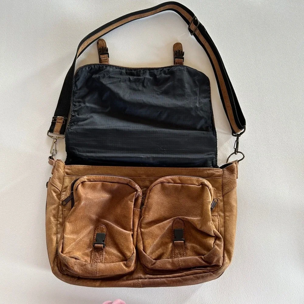 Unisex‎ Vintage Messenger Bag Tan Brown Distressed Leather Satchel Academic Boho